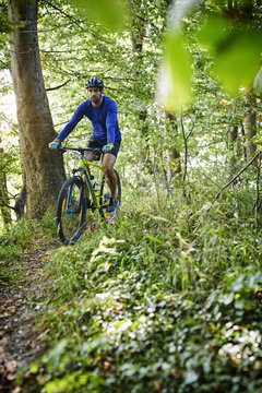 Guy biking through forest, portrait