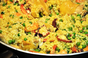 Traditional Spanish paella with seafood and chicken