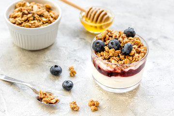 Healthy breakfast from yoghurt with muesli and berries on kitchen table