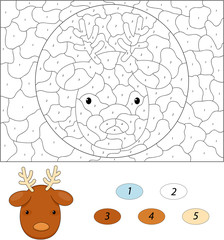 Cartoon reindeer. Color by number educational game for kids
