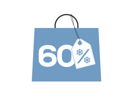 Blue shopping bag with 60% text and a snowflake percent design price tag label on it isolated on white background. For winter sale campaigns.