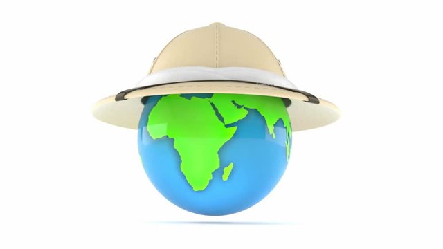 World globe with safari hat isolated on white background