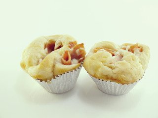 bread stuffing, ham, mayonnaise on white background