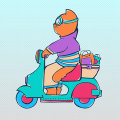 Cat on scooter. Hand drawn style. Vector illustration. Vintage scooter with a red cat and shopping bags.