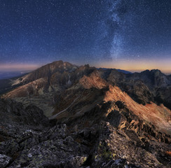 Mountain landscape with night sky and Mliky way, Slovakia Tatras