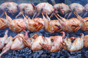 Obraz na płótnie Canvas Chicken grilled on skewers over coals