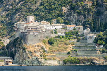 Fototapeta na wymiar Sea view at one of the monasterys of Saint Athos, Khalkidiki, Greece.