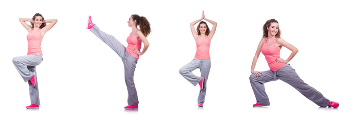 Young female doing exercises on white