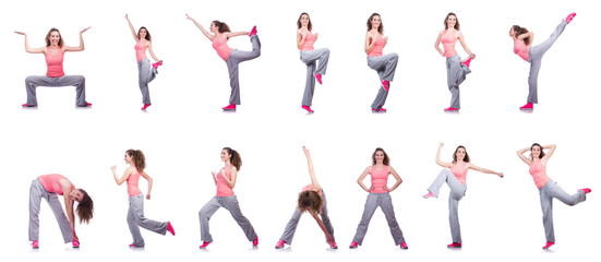 Young female doing exercises on white