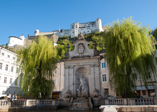  View of the old Horse Well at the Kapitelplatz Square in Salzburg,  Austria.