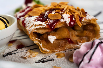 Apple strudel with ice cream