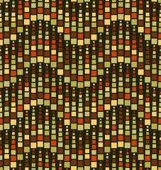 Mosaic seamless pattern on a dark background. Has the shape of a wave. Consists of geometric elements of square shape in color. Useful as design element for texture, pattern and artistic compositions.