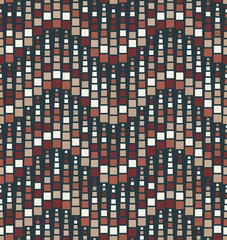 Mosaic seamless pattern on black background. Has the shape of a wave. Consists of geometric elements of square shape in color. Useful as design element for texture, pattern and artistic compositions.