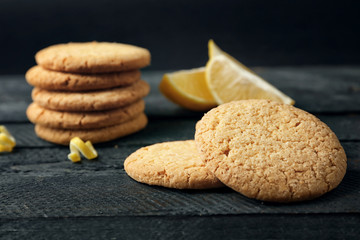 Lemon cookies on wooden table, closeup