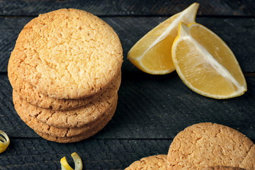 Lemon cookies on wooden background, closeup