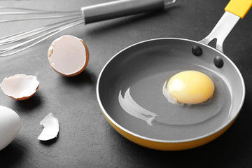 Fresh raw egg in frying pan on black background