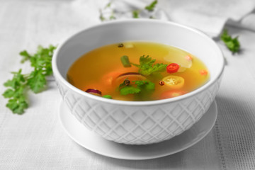 Bowl with fresh vegetable soup, closeup