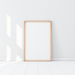 Wooden Frame with Poster Mockup standing on the white floor. 3d rendering