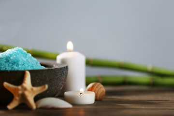 Spa still life on wooden table closeup