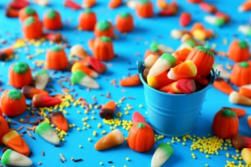 Poster Halloween concept. Colourful candies and sprinkles on blue background © Africa Studio