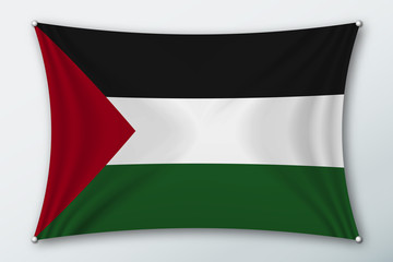 Fototapeta premium Palestine national flag. Symbol of the country on a stretched fabric with waves attached with pins. Realistic vector illustration.