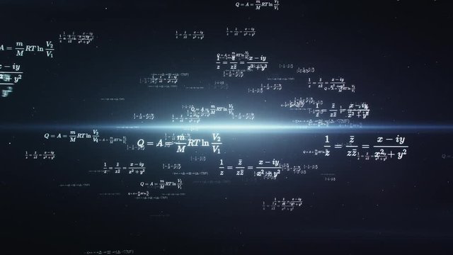 Digitally animated mathematics and physics formulas flying through dark virtual space