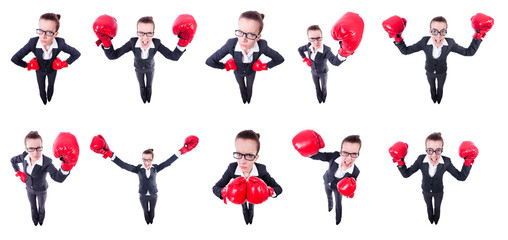 Collage of funny businesswoman on white