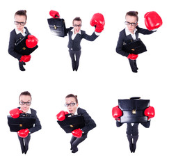 Collage of funny businesswoman on white