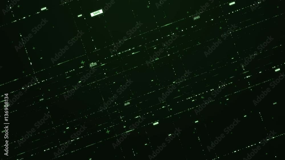 Wall mural high-tech grid illuminated with green flying through black virtual space towards camera. concept of 