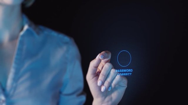 Woman scanning her finger with interactive screen and getting access with username and password