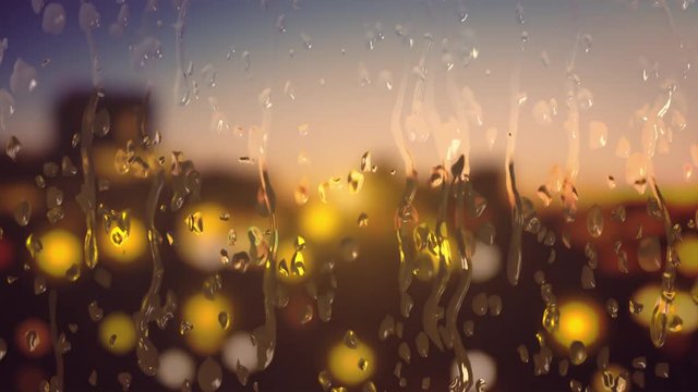 Animated background with water droplets falling down on window glass with defocused street lights behind it