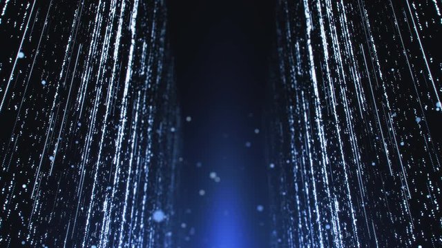 Computer animated background with shining light trails on dark blue background