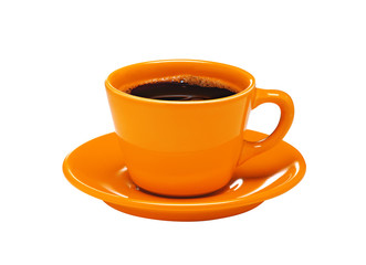 Orange cup of coffee on plate isolated on white