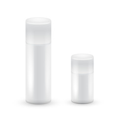 White big and small Bottles of aerosol spray, metal bottle for cosmetic, perfume or hairspray. Deodorant packing.