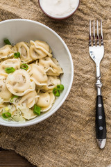 Meat dumplings - russian pelmeni, ravioli with meat on a white plate