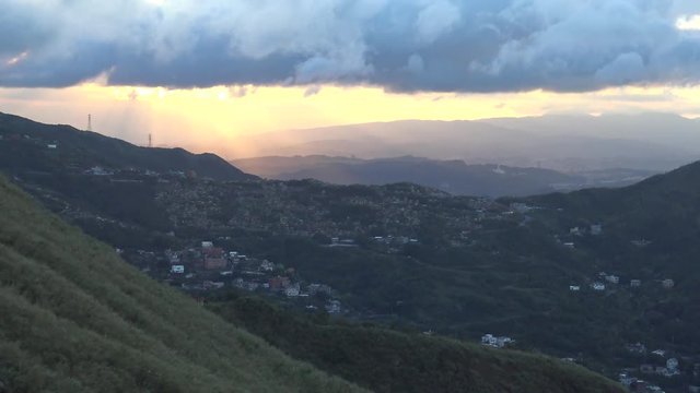 4K View from TeaPot Mountain Jinguashi town with sundown in  New Taipei City, Jiufen Old Street, Jishan Ruifang District, Attractions in Xinbei, Taiwan-Dan