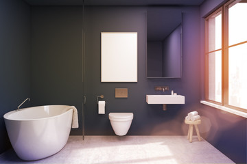 Obraz na płótnie Canvas Front view of bathroom with a tub, blue, toned