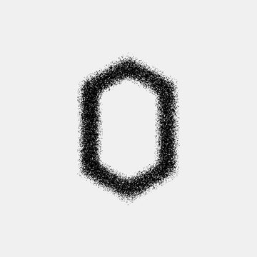 Black abstract geometric badge, polygon, hex shape with film grain, noise, dotwork, grunge texture and black background for logo, design concepts, posters, banners, web and prints. Vector illustration