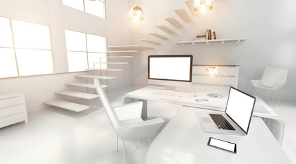Modern white office interior with computer and devices 3D render