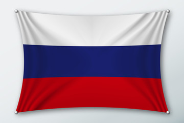 Russia national flag. Symbol of the country on a stretched fabric with waves attached with pins. Realistic vector illustration.