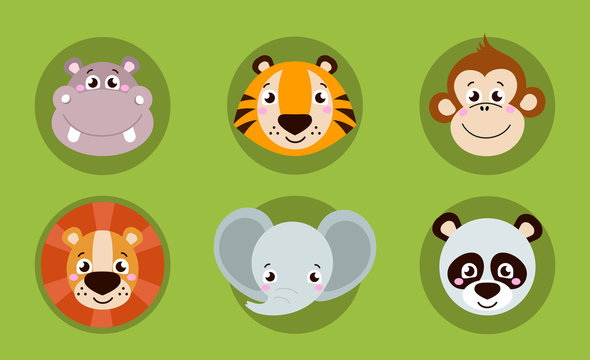 Big set head of animals icons. Vector collection funny face of animals. Cute face of animals: elephant, hippo, tiger, lion, panda