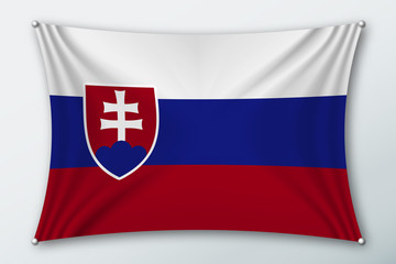 Slovakia national flag. Symbol of the country on a stretched fabric with waves attached with pins. Realistic vector illustration.