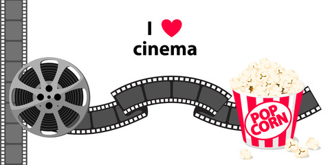Film strip border with popcorn isolated on background.White background. Vector illustration.  Movie poster template for cinema design. Vector illustration.