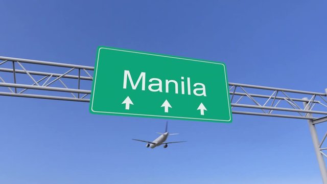 Twin engine commercial airplane arriving to Manila airport. Travelling to Philippines conceptual 4K animation