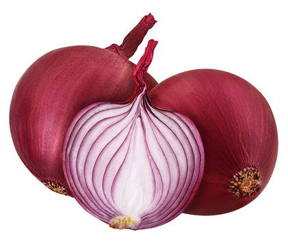 three bulb sliced red onion set isolated on white background