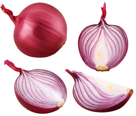 bulb red onion set cut isolated on white background
