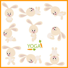 Set of isolated cartoon funny hare icons doing yoga position. Cute hare yoga. Vector illustration.