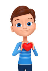 Cheerful boy gives a heart on a white background. 3d render illu
