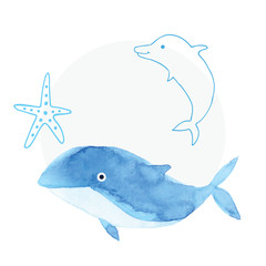 Handmade Painting watercolor blue sea, paper texture