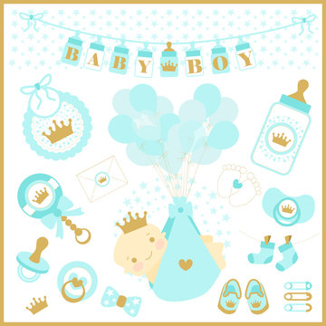 Baby boy  shower vector set of design elements. Blue and golden cute collection prince. Crown vector Images